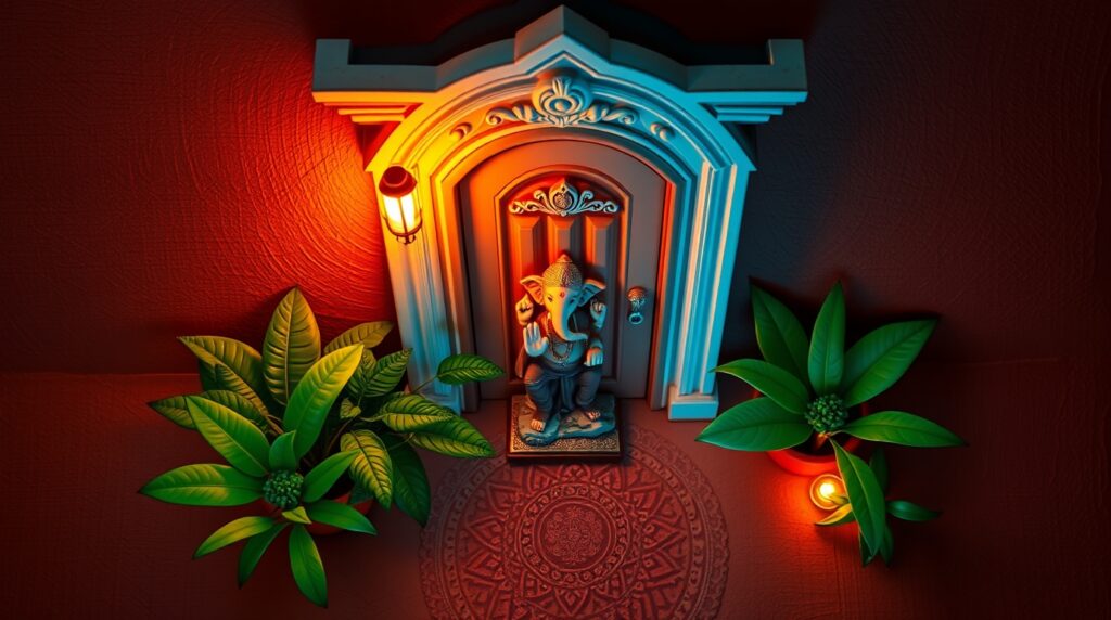 astu-compliant home entrance with a north or east-facing door, decorative elements like a rangoli and Lord Ganesha statue, surrounded by greenery, promoting positive energy and prosperity